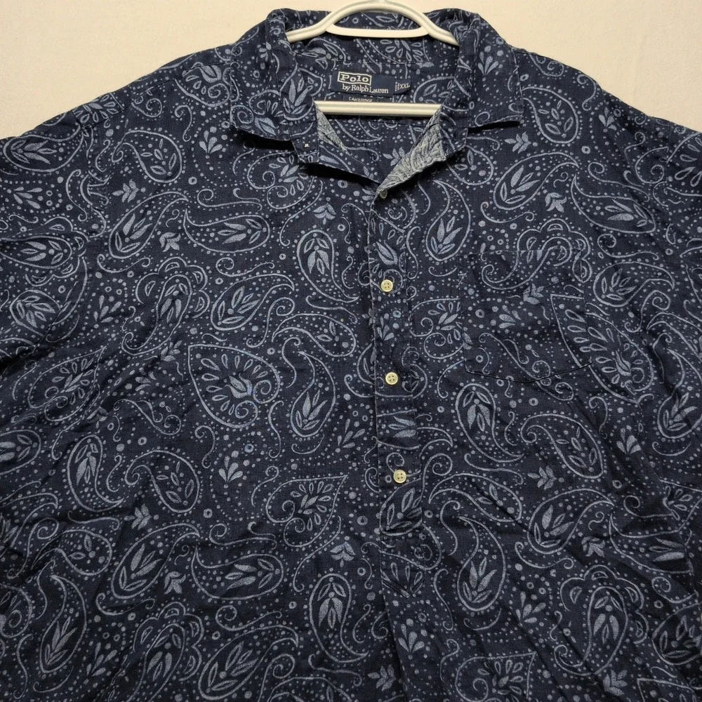 Polo Ralph Lauren Shirt Linen Paisley Cambridge Blue Half Button Pullover Sz 2XL